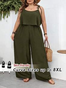 SHEIN CURVE+ Curve 尺码 US22 音乐节、海滨度假、波西米亚风女士休闲度假纹理纯色连体裤 - 軍綠色 - 查看 7