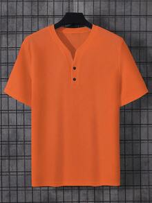 Manfinity Homme Áo thun ngắn tay Henley dệt kiểu waffle dành cho nam cỡ lớn - trái cam - Xem 3