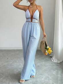 Elenzga Plus Size Women's Elegant Vacation Sexy Contrast Stripe Deep V Halter Tie Waist Straight Leg Jumpsuit, Spring/Summer - Multicolor - View 3