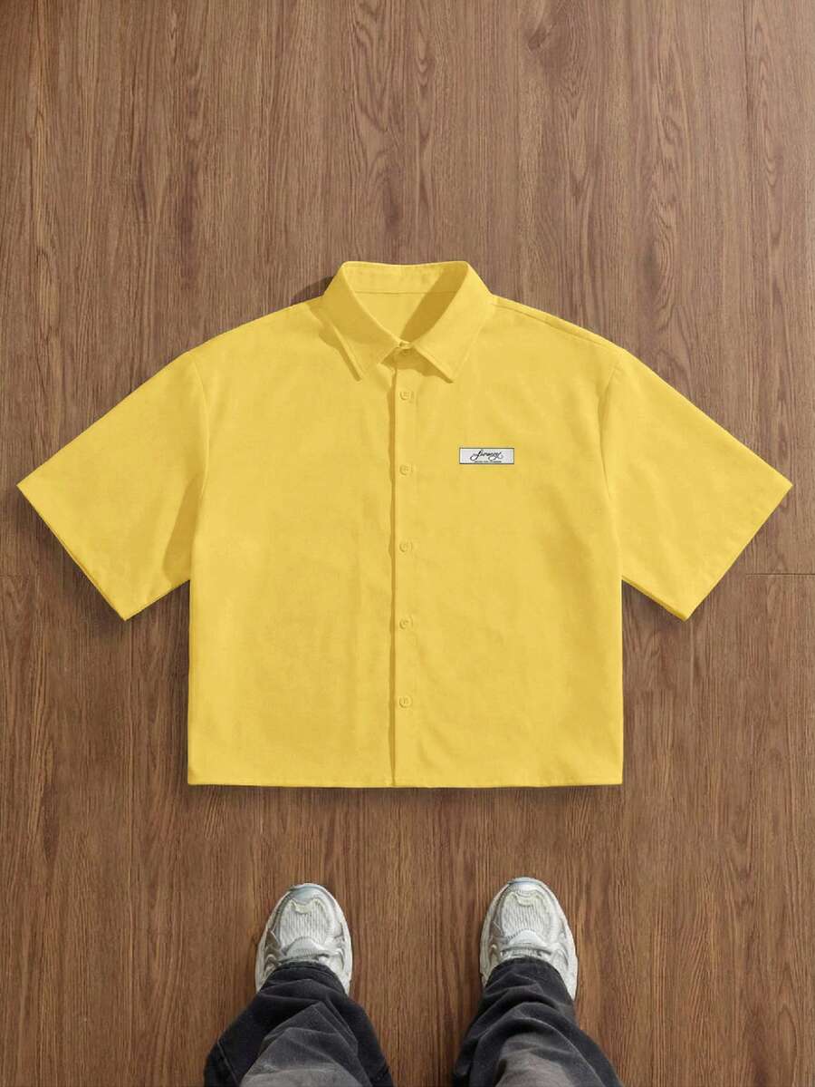 SWAVVY Men's Casual Single-Breasted Short Sleeve Shirt, Versatile For Daily Wear - Yellow - View 1