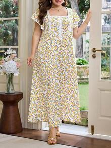 Al Najma Plus Size Women's Ditsy Floral Square Neck Ruffle Sleeve Arabic Style Dress - Multicolor - View 4