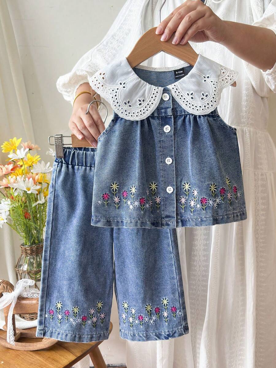 SHEIN Bộ quần áo bé gái phong cách đồng quê cổ Peter Pan, áo không tay viền thêu và quần dài 2 mảnh. - Màu xanh lam - Xem 1