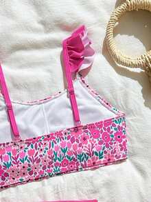 SHEIN Conjunto de bikini con estampado floral para niñas preadolescentes, de tela de punto, con parte superior e inferior triangular, elegante y adecuado para nadar, vacaciones y verano - Multicolor - Ver 4