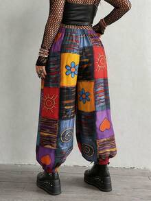 Whyspr Plus Size Dark Style Patchwork Print Loose Pants - Multicolor - View 2