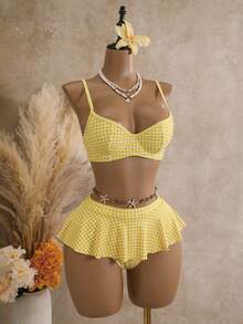 Bellisia Bộ đồ bơi tankini 2 mảnh mùa hè dành cho nữ, họa tiết kẻ caro, có gọng, màu be. - Màu vàng - Xem 3