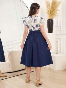 Teen Girl Elegant Floral Print Ruffle Sleeve Midi Dress With Waist Belt And Bow, Vacation Dresses - Navy Blue - View 2