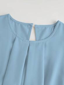 SHEIN Franclia 女士纯色圆领褶皱休闲百搭日常衬衫 - 藍色 - 查看 3