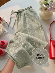 SHEIN EZwear Quần nữ màu xanh lá cây dệt họa tiết chấm bi, thắt eo. - màu xanh lá - Xem 1