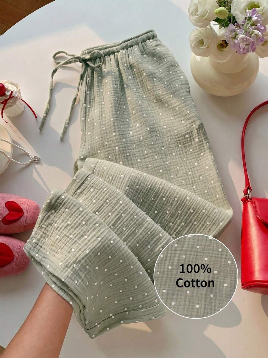 SHEIN EZwear Quần nữ màu xanh lá cây dệt họa tiết chấm bi, thắt eo. - màu xanh lá - Xem 1
