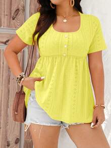 EMERY ROSE Camiseta de manga corta de unicolor informal de talla grande - Amarillo - Ver 1