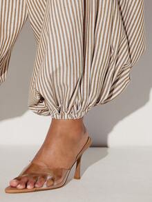 Hauture Women's Striped Oversized Boho Wide Leg Harem Balloon Pants, Autumn Vacation Holiday Brown Checkered Sequence Baggy Pants For Office Miami Vacation - Brown - View 5