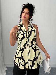 SHEIN Clasi 大码女式春夏休闲优雅条纹开襟收腰A字弧形下摆无袖衬衫 - 淡黃色 - 查看 4