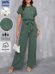 SHEIN Clasi Bộ jumpsuit dài nữ màu xanh dương thanh lịch, cổ tròn, hai lớp vải cotton nhăn, thắt eo, thích hợp cho kỳ nghỉ hè, hẹn hò, đi làm và du lịch. - Màu xanh Ô liu - Xem 1