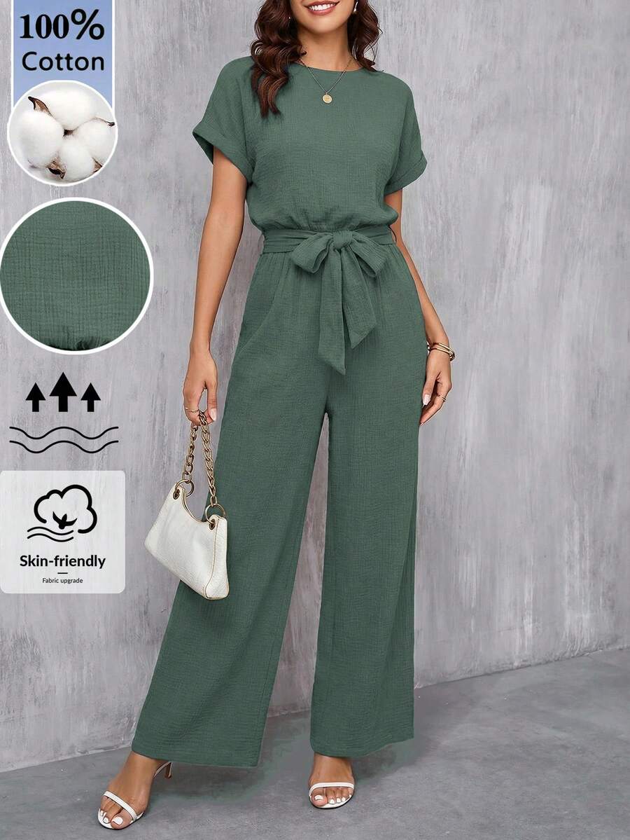 SHEIN Clasi Bộ jumpsuit dài nữ màu xanh dương thanh lịch, cổ tròn, hai lớp vải cotton nhăn, thắt eo, thích hợp cho kỳ nghỉ hè, hẹn hò, đi làm và du lịch. - Màu xanh Ô liu - Xem 1