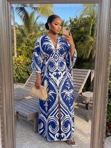 SHEIN Lady CURVE Đầm nghỉ mát tay lửng xẻ tà in hình cây cọ dành cho nữ cỡ lớn - Nhiều màu - Xem 5