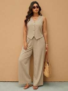 SHEIN Elaquor Bộ vest và quần dài màu mơ trơn dành cho nữ cỡ lớn, trang phục công sở mùa hè, bộ 2 món, phong cách cổ điển sang trọng. - Màu be - Xem 5