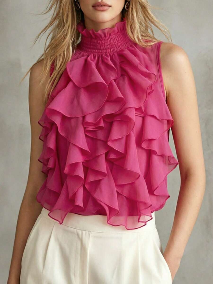 Balvessa Women's Mandarin Collar Frill Trim Sleeveless Chiffon Blouse - Hot Pink - View 1