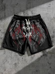 ROMWE MEN Men's Elastic Waist Drawstring Color Block Fashion Print Summer Shorts - Black - View 5