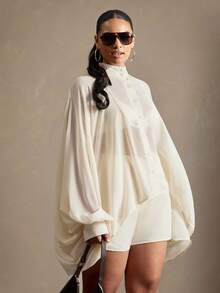 Vixey Sheer Solid Chiffon Mock Neck Lantern Sleeve Button Up Blouse - Light Yellow - View 2