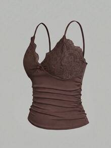 EgrlEra Áo camisole mùa hè dành cho nữ, ôm sát, cổ chữ V sâu kiểu Pháp, ren và nơ, màu kem vàng. - Cà phê nâu - Xem 3