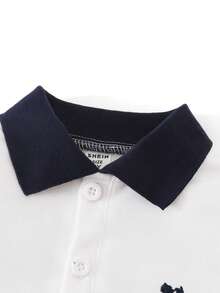 2件組男童休閒 Polo 衫與長褲套裝，Logo 刺繡對比袖口，夏季穿搭，優雅返校、職業日、度假服飾 - 白色 - 查看 4