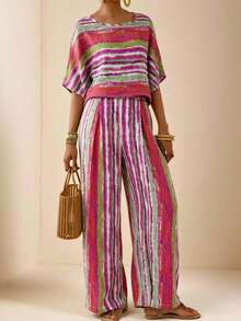 Vesra Women's Vacation Style Colorful Striped Batwing Sleeve Top + Matching Wide Leg Pants 2 Pieces Set - Multicolor - View 3