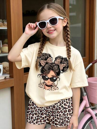 Spring & Summer Girls Casual Fashionable Creative Personality Refreshing Cute Minimalist Cartoon Girl Figure Print T-Shirt & Leopard Print Shorts Set, Comfortable Daily Wear, Suitable For Spring/Summer Atmosphere