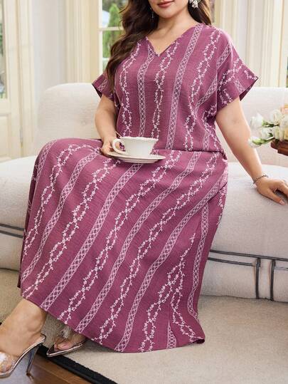 Al Najma 女士加大码印花流苏长款休闲连衣裙