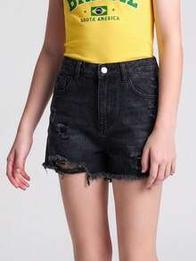 SHEIN Tween Girl Summer Boho Casual Solid Washed High Waist Solid Washed Ripped Denim Jeans Shorts With Frayed Hem And Distressed Pockets, Summer Beach Vacation Vacation Baggy Shorts Black - Black - View 7