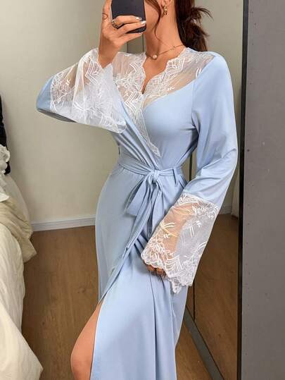 Napfluff Women's Sexy Contrast Color Lace Deep V Tie-Up Long Sleeve Long Robe