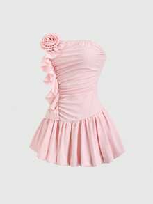 Qadelle Vestido mini con volantes florales sin tirantes, con cintura plisada, minimalista y elegante, adecuado para vacaciones, uso diario casual, primavera/verano para mujeres - Rosa - Ver 4