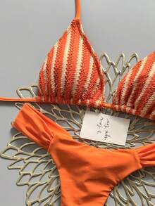 Swim Mod Summer Women 2pcs Textured Knit Fabric Triangle Tie Top And Ruched Bikini Bottoms Swimwear Set - Orange - View 4