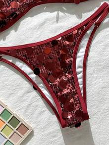 Swim Vcay Bộ bikini hai mảnh màu vàng sâm panh đính sequin, áo ngực cúp nhỏ và quần bơi buộc dây bên hông, trang phục gợi cảm cho kỳ nghỉ biển. - Màu Đỏ Sâu - Xem 5