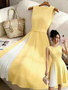 Elenzga Nuevo vestido de mujer de estilo francés con cuello redondo, diseño de patchwork con pliegues, cintura ceñida, minimalista y elegante para uso diario - Amarillo - Ver 1