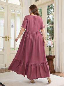 Al Najma Plus Size Short Sleeve Solid Color Embroidered A-Line Arabic Style Dress For Women - Dusty Pink - View 2