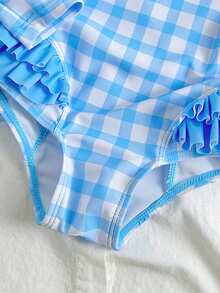 SHEIN Bộ áo tắm liền thân dài tay in họa tiết kẻ caro cho bé gái, dễ thương cho kỳ nghỉ và các hoạt động ngoài trời. - Xanh và trắng - Xem 4