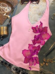 Glimmora Top halter elegante y retro con bordados y lentejuelas para mujeres, perfecto para el verano. Estilo Y2K, diseño resistente, adecuado para uso diario, festivales de música, fiestas y vacaciones en la playa. - Multicolor - Ver 3