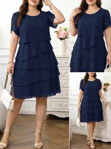 Reflora Plus Size Women's Fashion Petal Sleeve Round Neck Multi-Layer Dress - Navy Blue - View 2