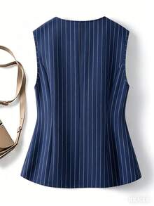 Formidée Plus Size Elegant Refined Versatile Striped Sleeveless Top - Navy Blue - View 4