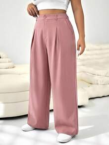 SHEIN EZwear 加大码珊瑚粉色纯色纽扣休闲阔腿裤，适合毕业典礼、返校季、秋冬季教师装扮。 - 珊瑚粉 - 查看 5