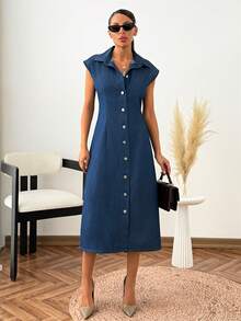 SHEIN Vintage gewaschenes Jeanshemdkleid mit Kragen und Knopfleiste, Kurzarm - Dunkle Waschung - Übersicht 3