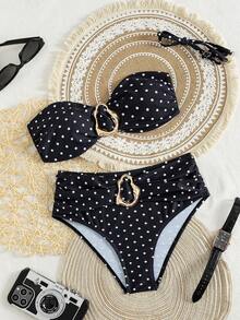 Swim Chiccia Bộ bikini nữ kiểu dáng dễ thương, họa tiết chấm bi, in hình trang sức kim loại, thích hợp cho lễ hội âm nhạc bãi biển mùa xuân/hè, kiểu dáng thời trang với phần lưng nhăn và cạp cao. - Nhiều màu - Xem 5