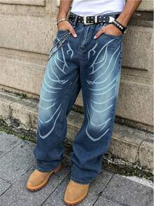 Manfinity EMRG Men's Striped Contrast Color American Street Graphic Print Pocket Jeans - Blue - View 3