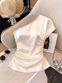 Franclia Áo kiểu nữ thanh lịch bằng vải satin trơn màu kiểu Pháp, xếp ly vai và nhún eo, thích hợp cho mùa xuân/hè, tiệc tùng, đi biển, trang trọng, thường ngày, lãng mạn, ngày Valentine, hẹn hò, mùa tốt nghiệp, thời trang thường ngày, công sở, đa năng, trang phục công sở cho giáo viên thành thị. - Màu be - Xem 6