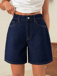 SHEIN Casual, Raw Wash, Vintage Indigo, Classic Navy, Mid Rise, Cotton, Rigid Denim, Bermuda Shorts - Dark Wash - View 5