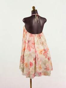 SaltGleam SaltGleam Women's Floral Print Loose Halter Mini Dress, Vacation Style - Multicolor - View 2