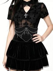 ROMWE Goth 1件裝女款黑色鏈條裝飾腰封，日常穿著/派對穿著，哥德龐克風波點十字邊珠飾蕾絲雙鏈裝飾，PU布料＋波點布料，蕾絲波點腰封 - 黑絲蕾絲波點鏈條束腰 - 查看 4