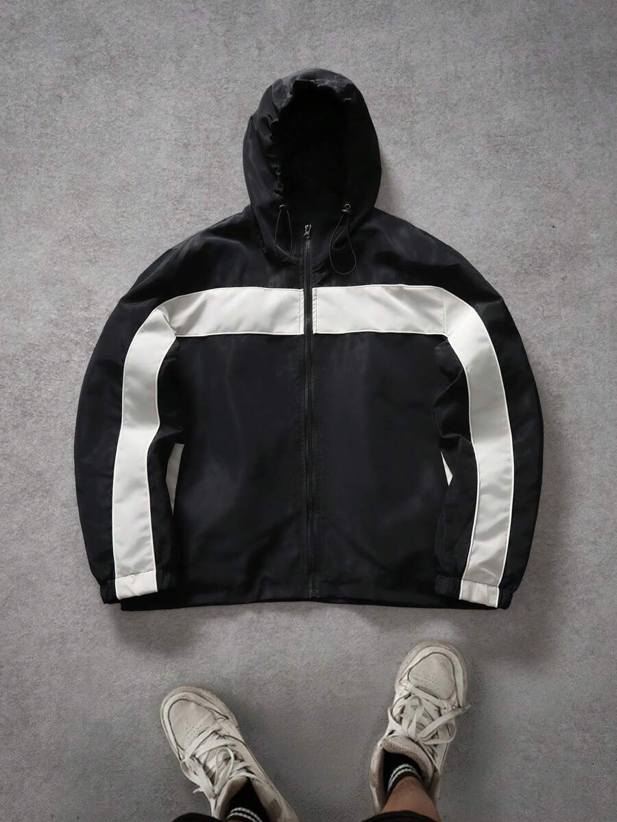 Manfinity Hypemode Men's Casual Sporty Color Block Zip-Up Hooded Jacket - Black - View 1