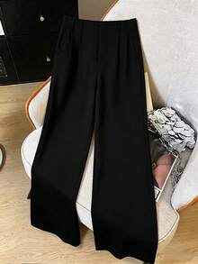 SHEIN PETITE CURVE Celana Panjang Kasual Ukuran Besar Warna Polos Potongan Lurus Cokelat Gym Musim Gugur - Hitam - View 1