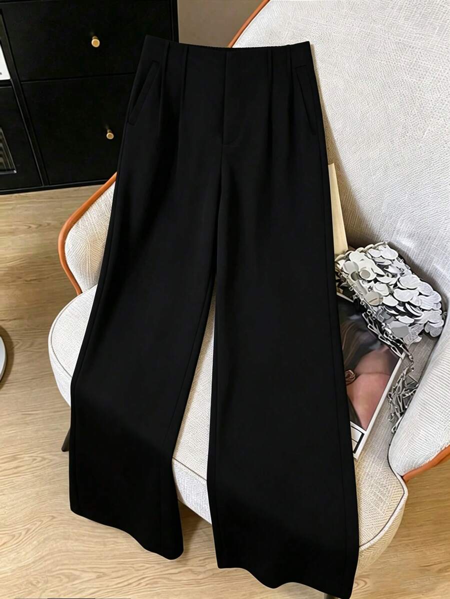 SHEIN PETITE CURVE Celana Panjang Kasual Ukuran Besar Warna Polos Potongan Lurus Cokelat Gym Musim Gugur - Hitam - View 1